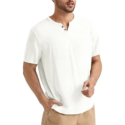 Men'S Fashion Casual Summer Cotton Linen Simple Solid Color Short Sleeve T-Shirt