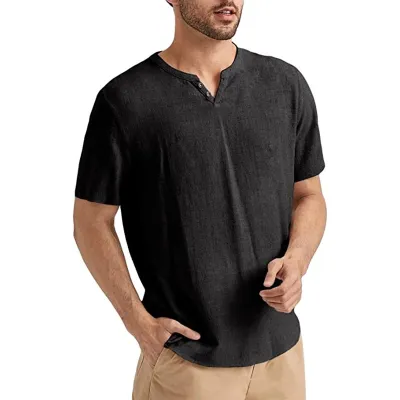 Men'S Fashion Casual Summer Cotton Linen Simple Solid Color Short Sleeve T-Shirt