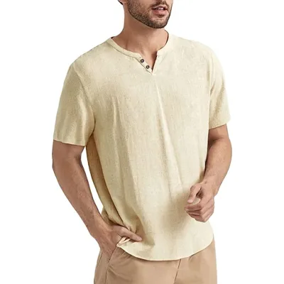 Men'S Fashion Casual Summer Cotton Linen Simple Solid Color Short Sleeve T-Shirt