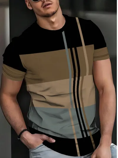 Men'S Fashion Casual Summer Color Block Stripe Round Neck Short Sleeve T-Shirt