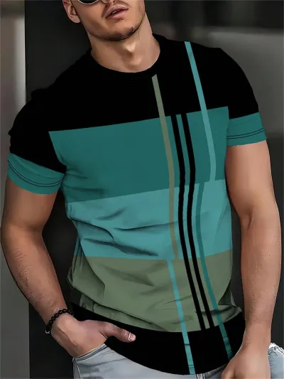 Men'S Fashion Casual Summer Color Block Stripe Round Neck Short Sleeve T-Shirt