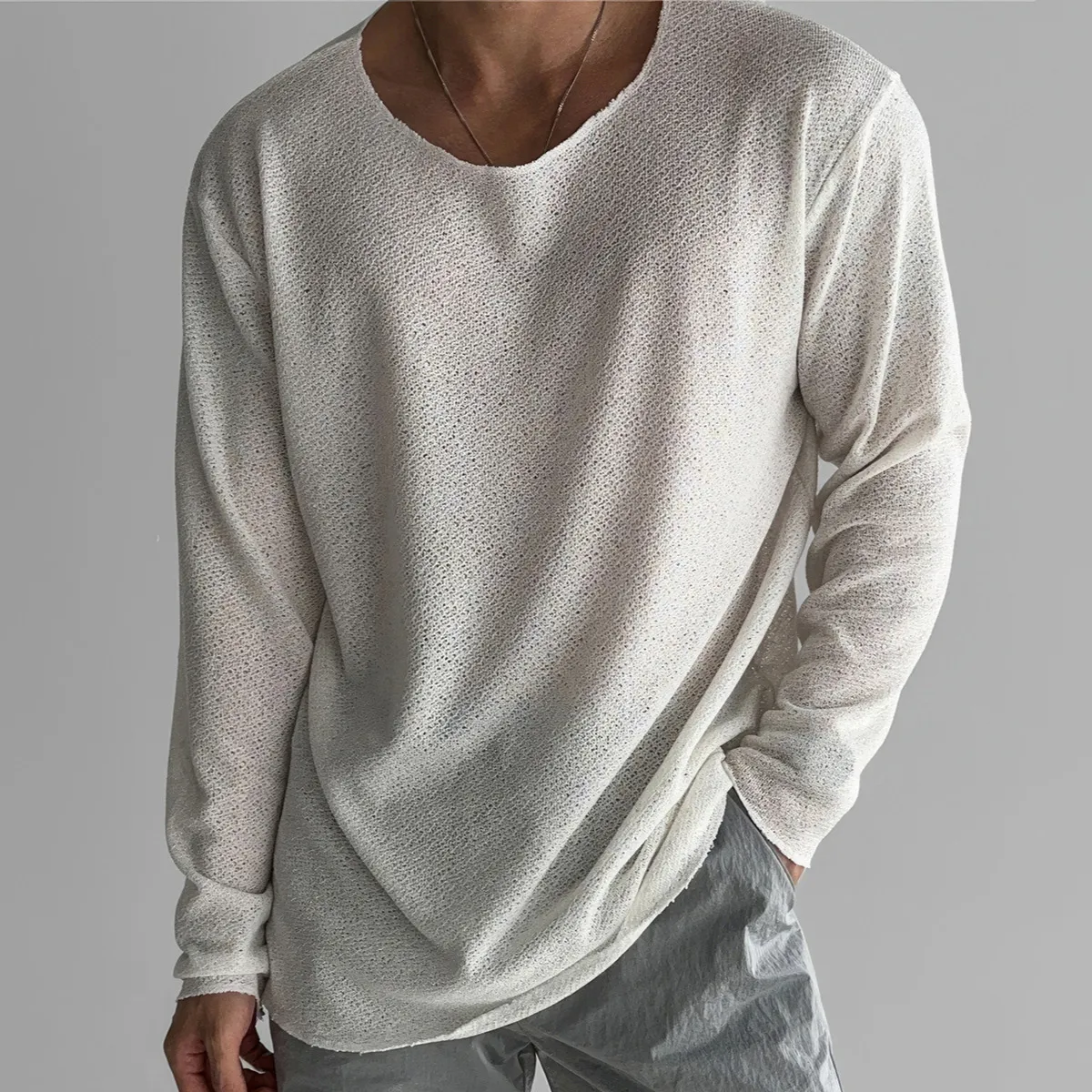 Men’S Fashion Casual Simple Solid Color Hollow-Out Long Sleevest-Shirt