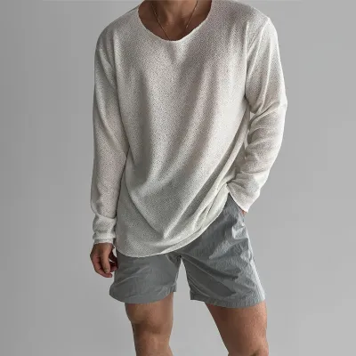 Men’S Fashion Casual Simple Solid Color Hollow-Out Long Sleevest-Shirt