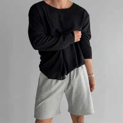 Men’S Fashion Casual Simple Solid Color Hollow-Out Long Sleevest-Shirt