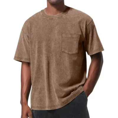 Men Fashion Casual Retro Simple Washed Pocket Round Neck Short-Sleeve Loose T-Shirt