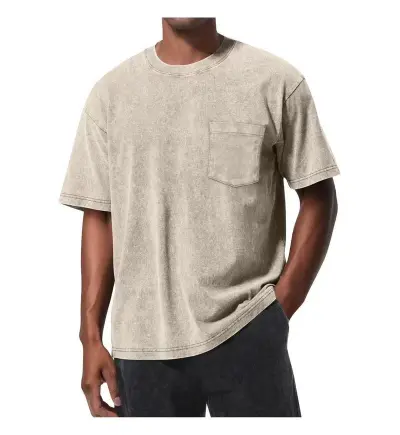 Men Fashion Casual Retro Simple Washed Pocket Round Neck Short-Sleeve Loose T-Shirt