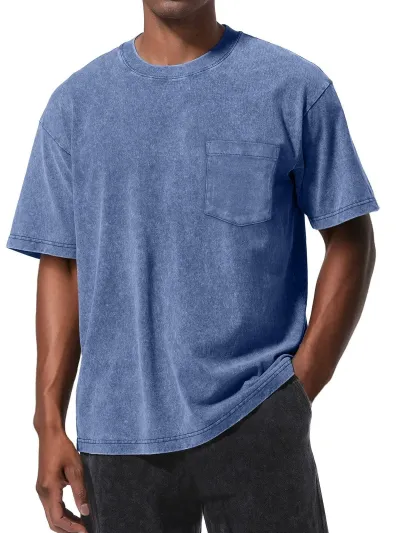 Men Fashion Casual Retro Simple Washed Pocket Round Neck Short-Sleeve Loose T-Shirt