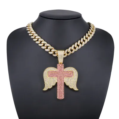 Men'S Fashion Creative Rhinestone Cross Angel Wings Pendant Alloy Necklace