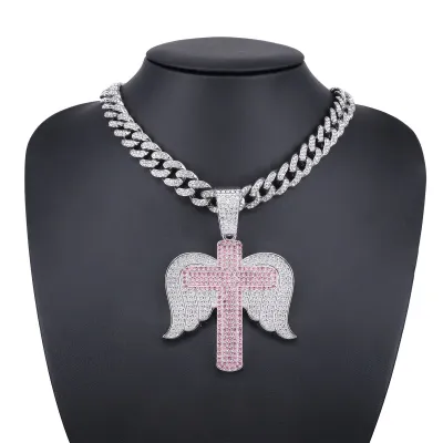 Men'S Fashion Creative Rhinestone Cross Angel Wings Pendant Alloy Necklace