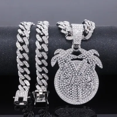 Men'S Fashion Hip Hop Accessories Rhinestone Coconut Tree Round Pendant Punk Necklace