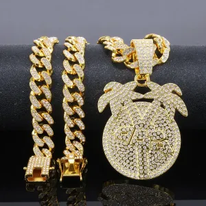 Men'S Fashion Hip Hop Accessories Rhinestone Coconut Tree Round Pendant Punk Necklace