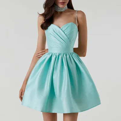 Women Fashion Elegant Solid Color Rhinestone Spaghetti Strap Pleated A-Line Party Dress