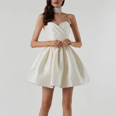 Women Fashion Elegant Solid Color Rhinestone Spaghetti Strap Pleated A-Line Party Dress