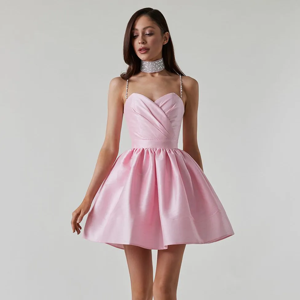 Women Fashion Elegant Solid Color Rhinestone Spaghetti Strap Pleated A-Line Party Dress