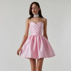 Women Fashion Elegant Solid Color Rhinestone Spaghetti Strap Pleated A-Line Party Dress