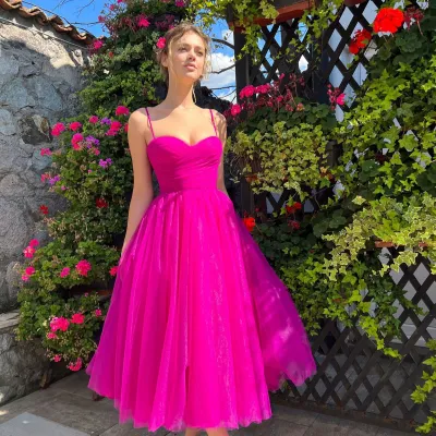 Women Fashion Elegant Solid Color Mesh Spaghetti Strap Party Dress