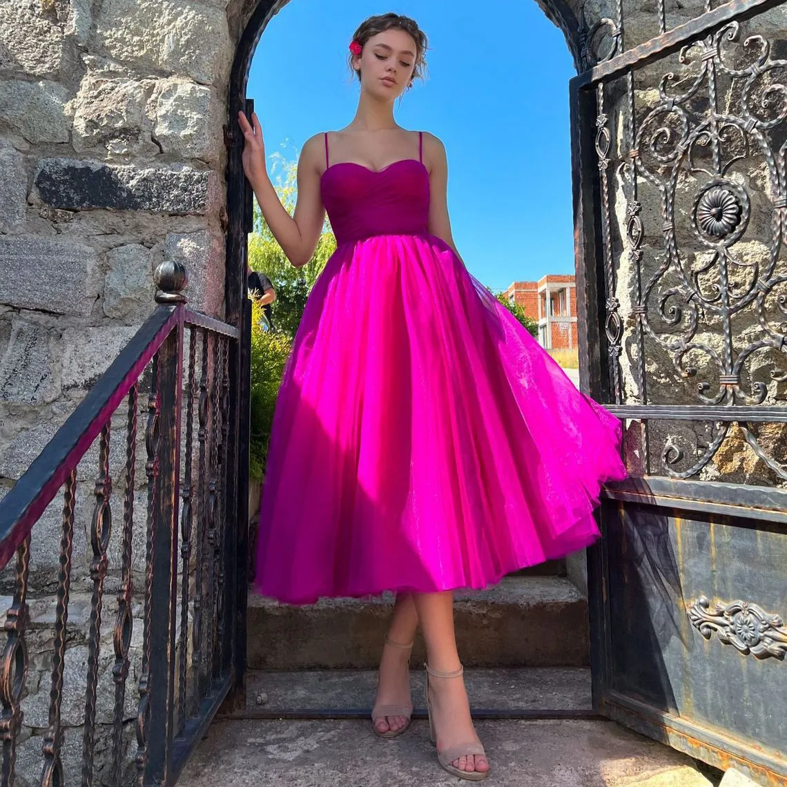 Women Fashion Elegant Solid Color Mesh Spaghetti Strap Party Dress