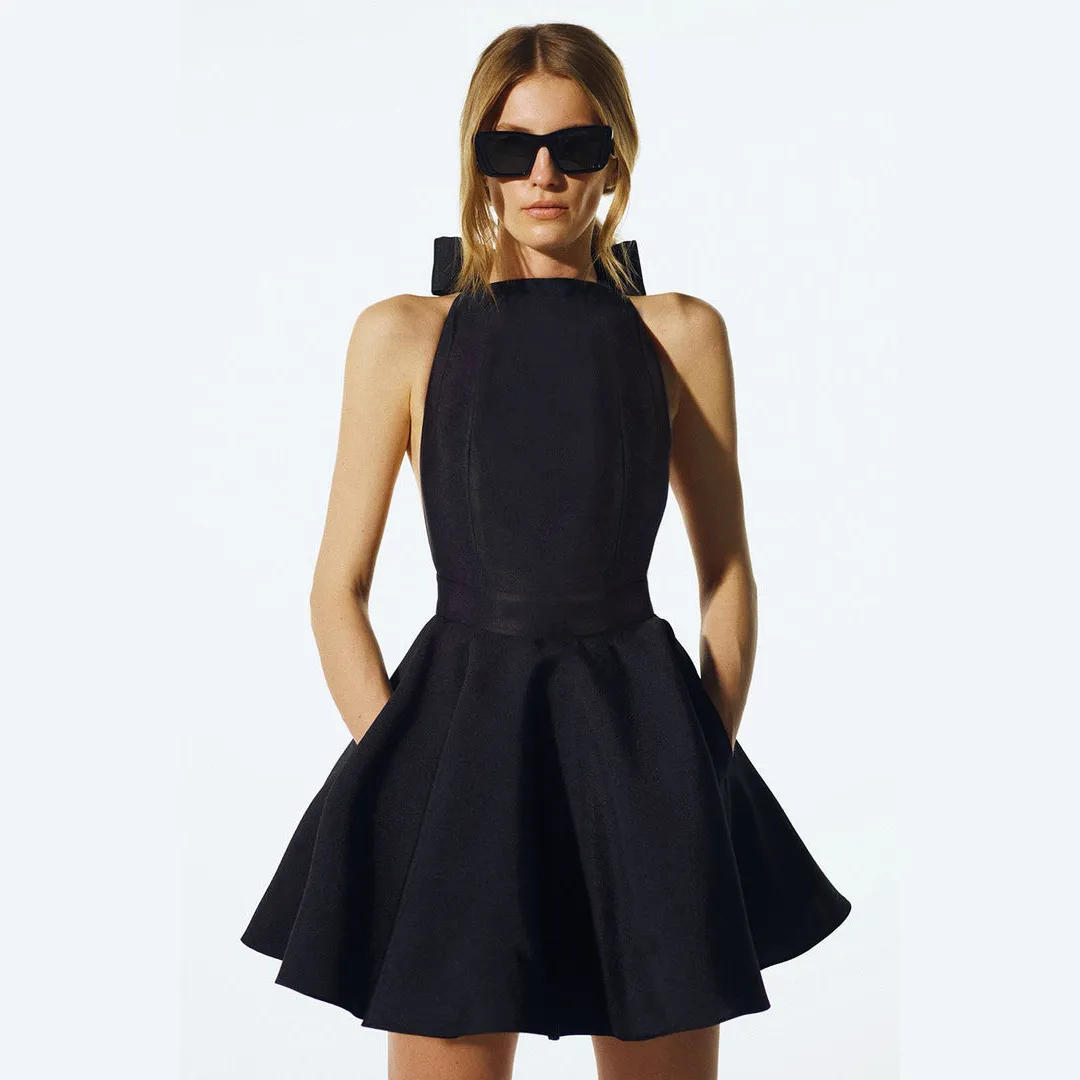 Women'S Fashion Sexy Elegant Solid Color Halter-Neck Lace-Up Bow Large Backless Tight A-Line Party Dress