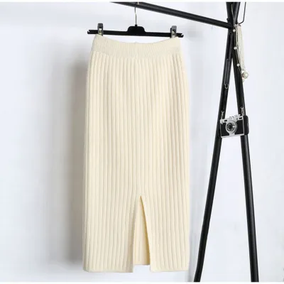 Women Fashion Autumn And Winter Solid Color High Elastic Knitted Split Skirt