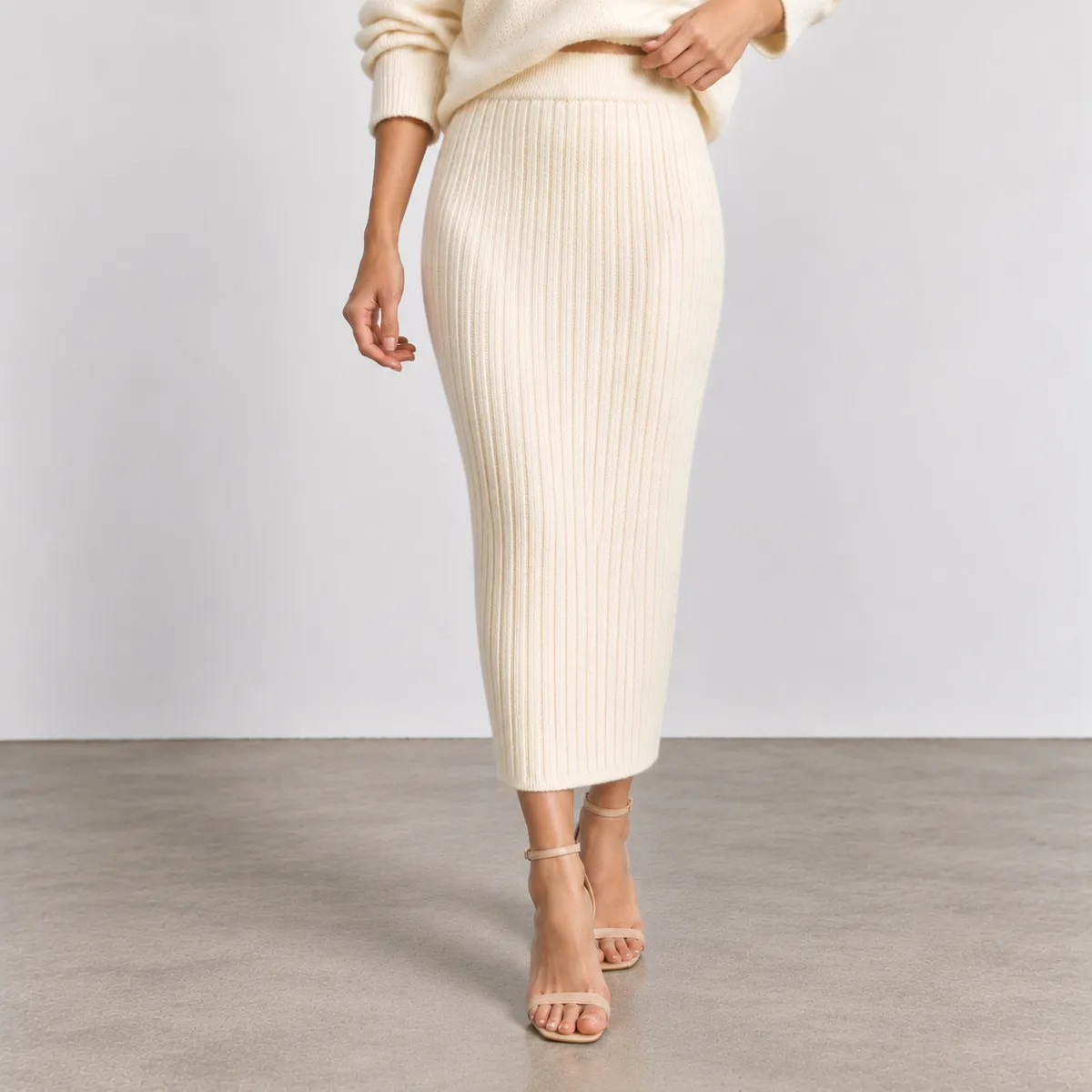 Women Fashion Autumn And Winter Solid Color High Elastic Knitted Split Skirt