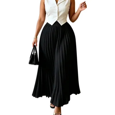 Women'S Fashion Casual Elegant Solid Color High Waist Pleated Skirt