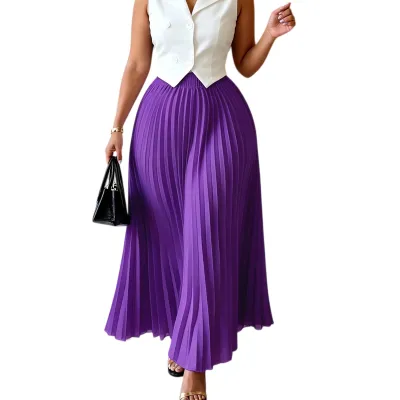 Women'S Fashion Casual Elegant Solid Color High Waist Pleated Skirt
