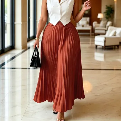 Women'S Fashion Casual Elegant Solid Color High Waist Pleated Skirt