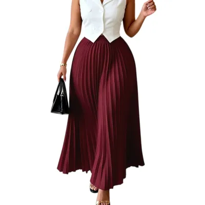 Women'S Fashion Casual Elegant Solid Color High Waist Pleated Skirt