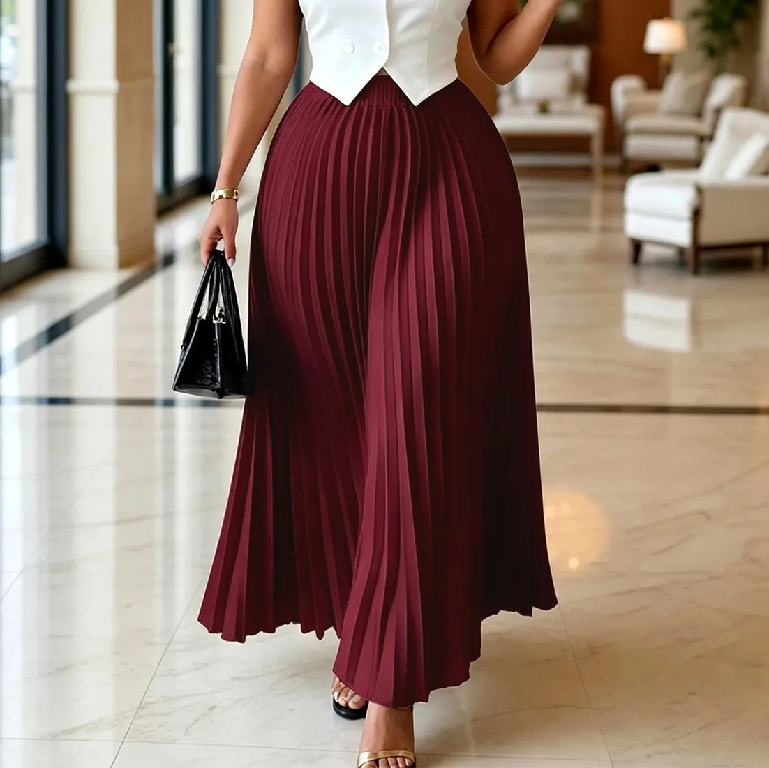 Women'S Fashion Casual Elegant Solid Color High Waist Pleated Skirt