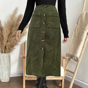 Women'S Fashion Casual Autumn Solid Color Corduroy Rubber Waist Breasted Patch Pocket Straight Midi Skirt