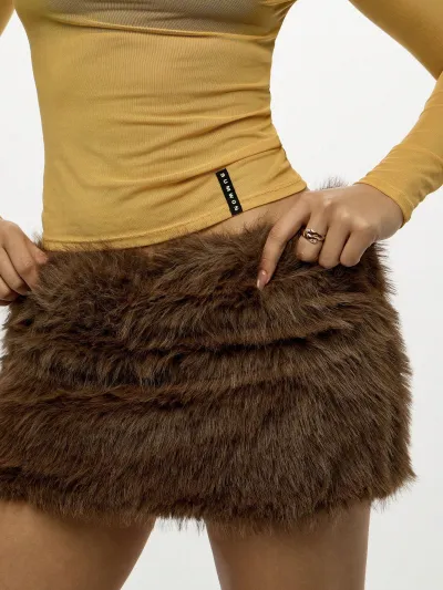Women Fashion Sexy Solid Color Faux Fur Mini Tight Skirt