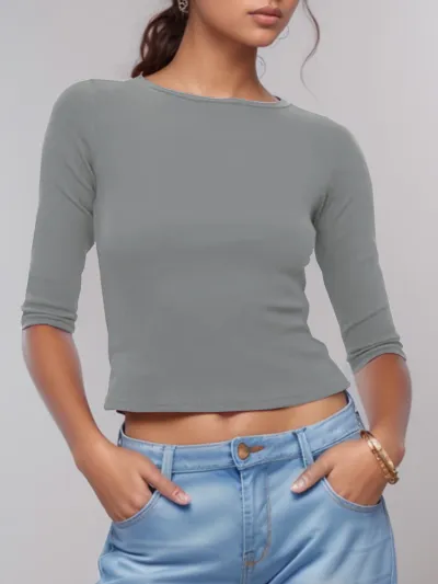 Women Fashion Casual Spring And Summer Solid Color Round Neck Long-Sleeve T-Shirt