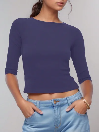 Women Fashion Casual Spring And Summer Solid Color Round Neck Long-Sleeve T-Shirt