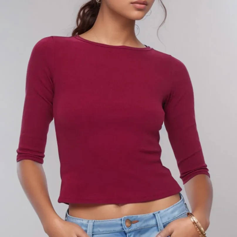 Women Fashion Casual Spring And Summer Solid Color Round Neck Long-Sleeve T-Shirt