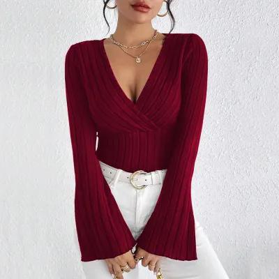 Women'S Fashion Spring Autumn Solid Color V-Neck Horn Sleeve T-Shirt