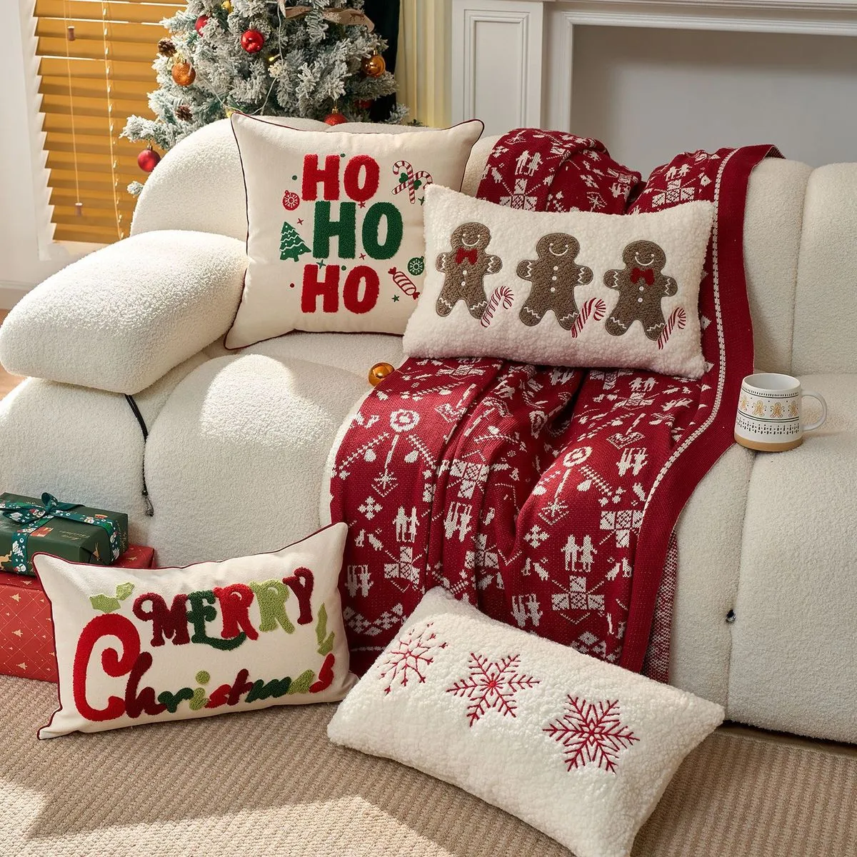 Christmas Decorative Snowflake Gingerbread Man Embroidered Pillow Cover