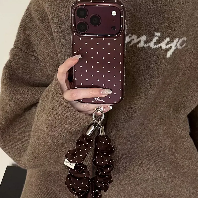 Women Fashion Polka Dot Print Burgundy Iphone Case