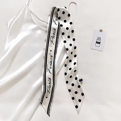 Women Fashion Simple Polka Dot Print Long Small Silk Ribbon Scarf