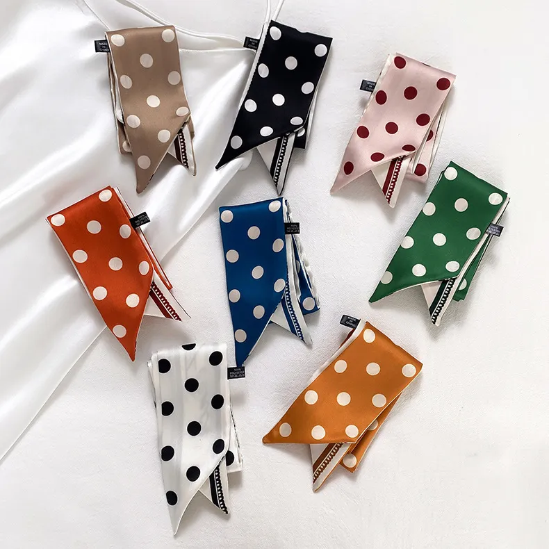 Women Fashion Simple Polka Dot Print Long Small Silk Ribbon Scarf