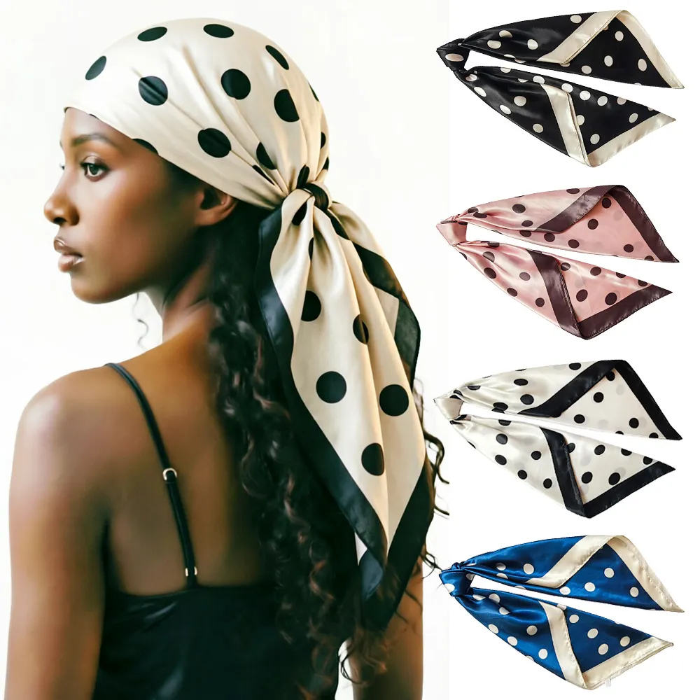 Women Fashion Casual Polka Dot Print 90cm Turban Large Square Silk Scarf