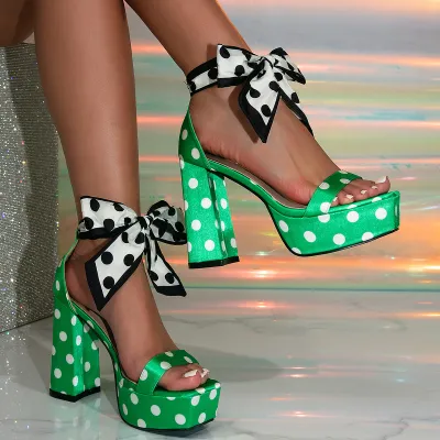 Women Fashion Elegant Polka Dot Print Bow Strap Platform Thick High-Heeled Sandals