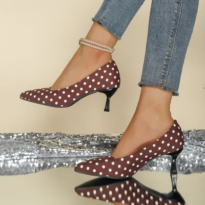 Women Fashion Sexy Polka Dot Print Pointed-Toe Thin High Heeled Shoes