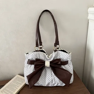 Women Fashion Casual Autumn Polka Dot Print Large Capacity Bow Shoulder Bag
