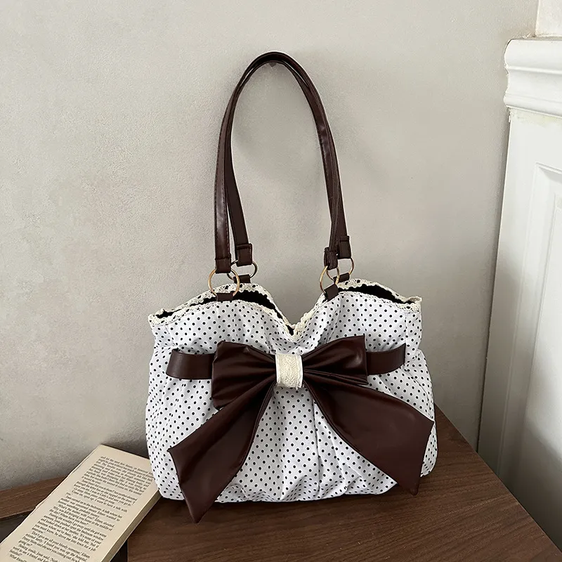 Women Fashion Casual Autumn Polka Dot Print Large Capacity Bow Shoulder Bag