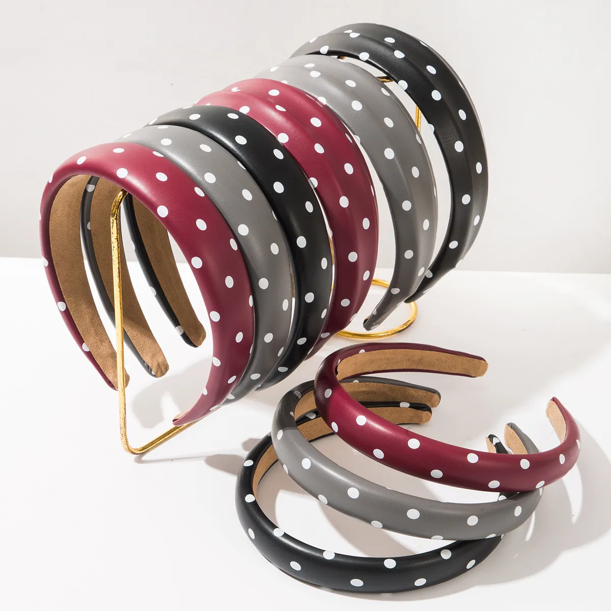 Women Fashion Polka Dot Print Pu Leather Headband