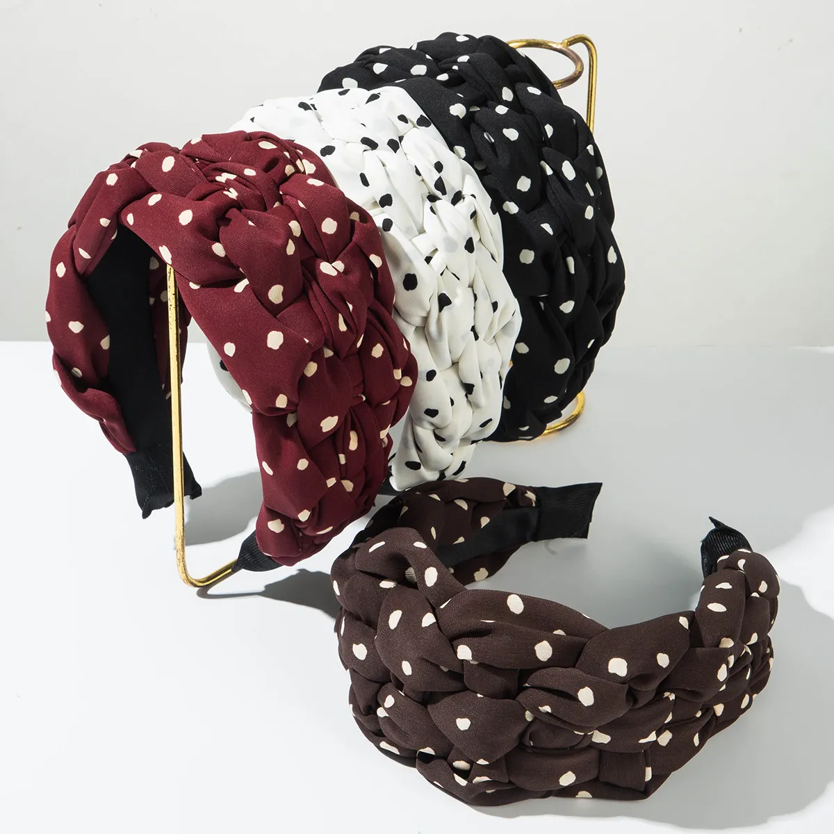 Women Fashion Simple Polka Dot Print Hand-Woven Wide-Brimmed Headband