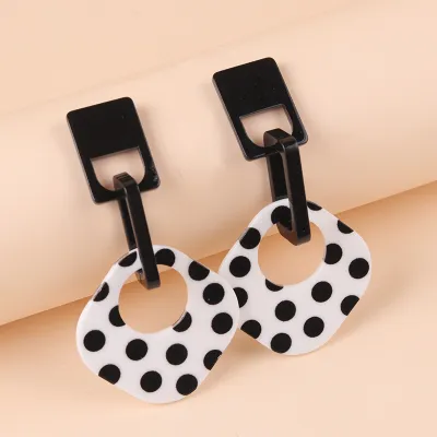 Women Fashion Retro Black White Polka Dot Print Geometric Diamond Acrylic Earrings