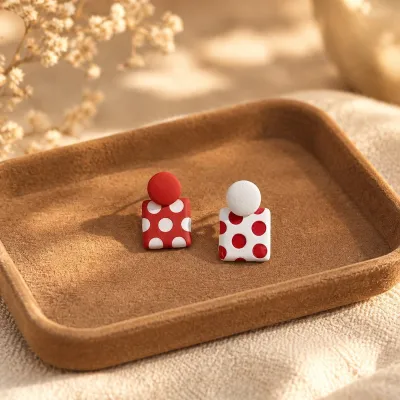 Women Fashion Black White Polka Dot Print Asymmetric Earrings