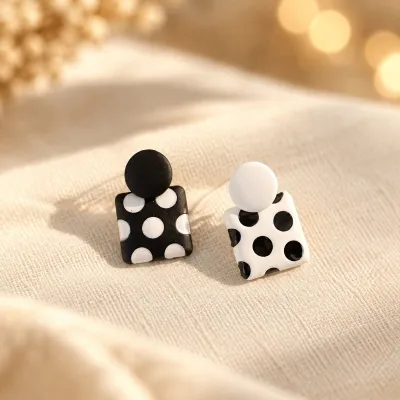 Women Fashion Black White Polka Dot Print Asymmetric Earrings