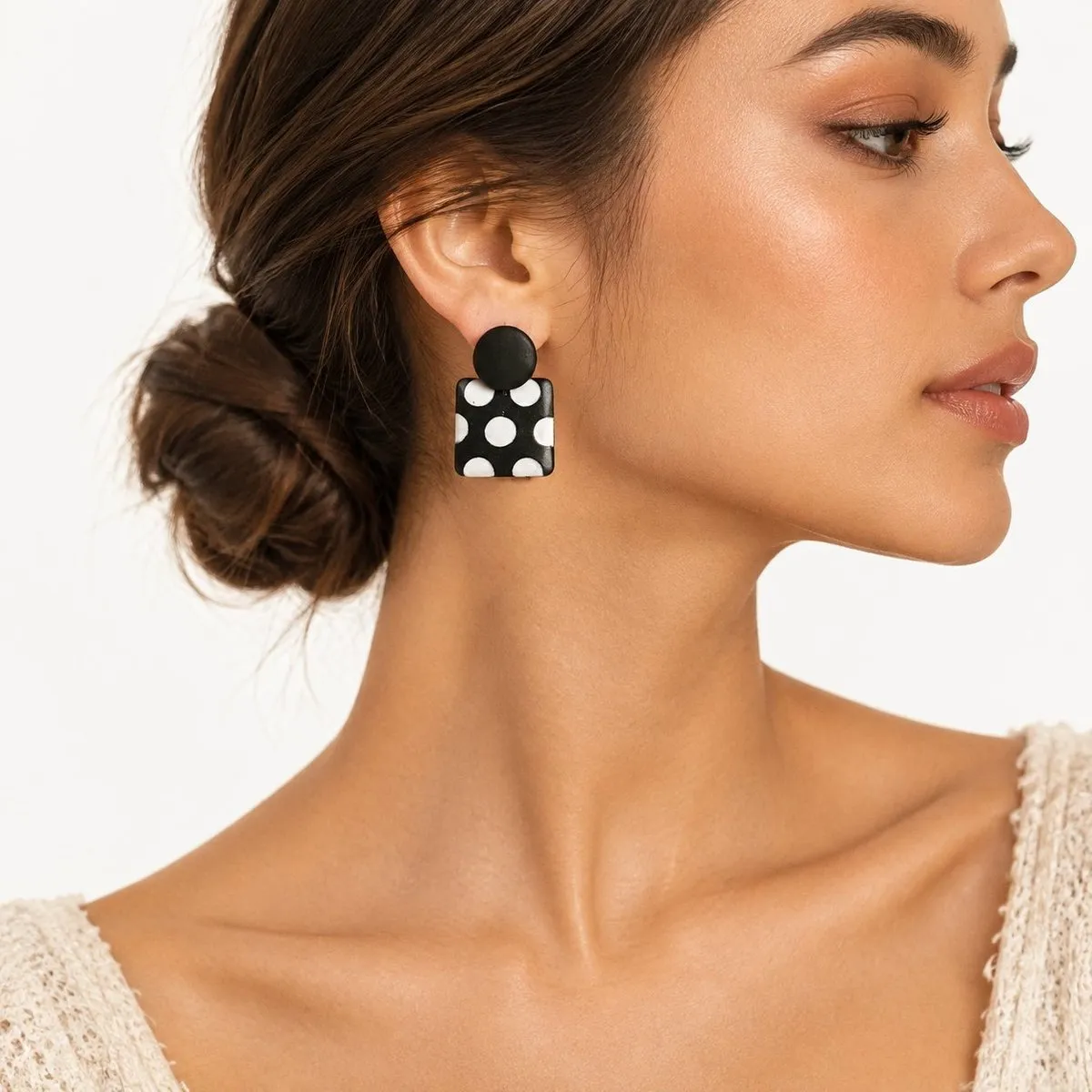 Women Fashion Black White Polka Dot Print Asymmetric Earrings